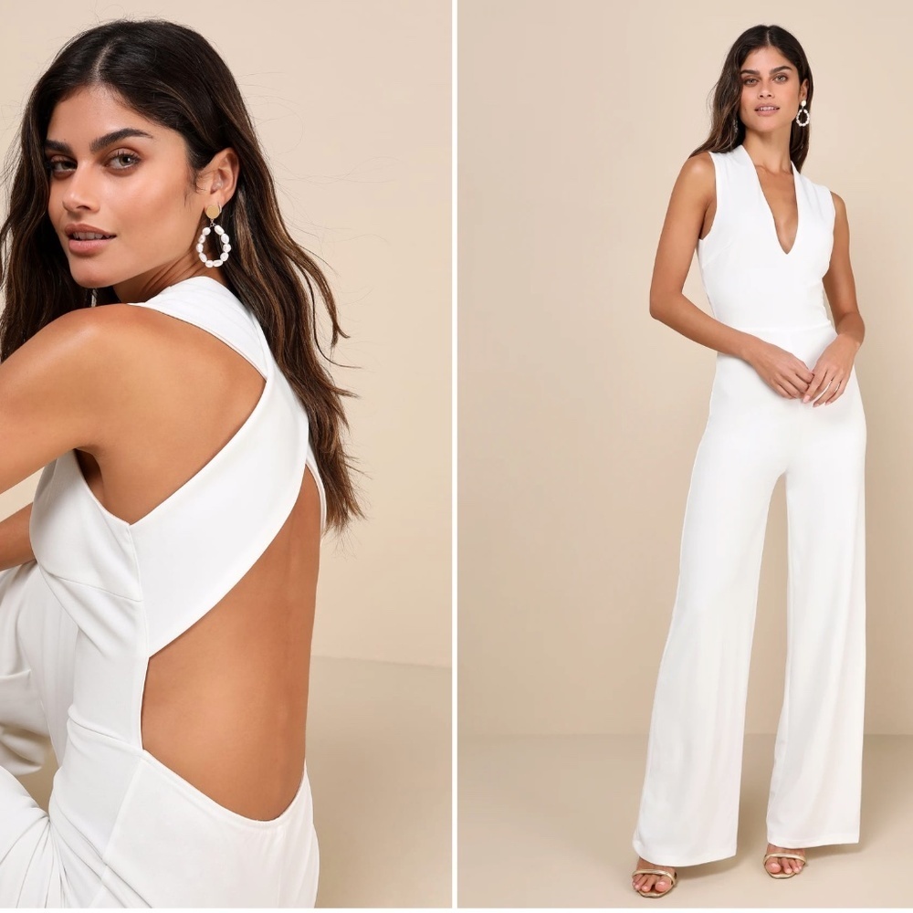 Lulu's White Sleeveless V-Neck Open-Back Jumpsuit